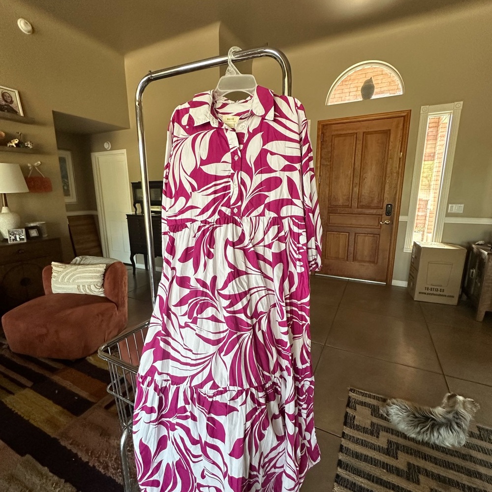Maeve by Anthropologie Fuchsia and White floral Bettina Long Sleeve Maxi dress